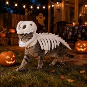 3D Dinosaur Skeleton Pet Costume — Soft Plush T-Rex Halloween Outfit for Dogs & Cats