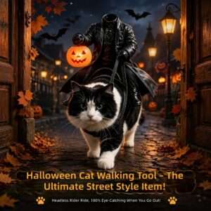 Halloween Headless Horseman Riding a Cat/Dog Figurine with Light-Up Pumpkin Lantern – 3D Printed Spooky Pet Desk Decor, Funny Tabletop Ornament Gift